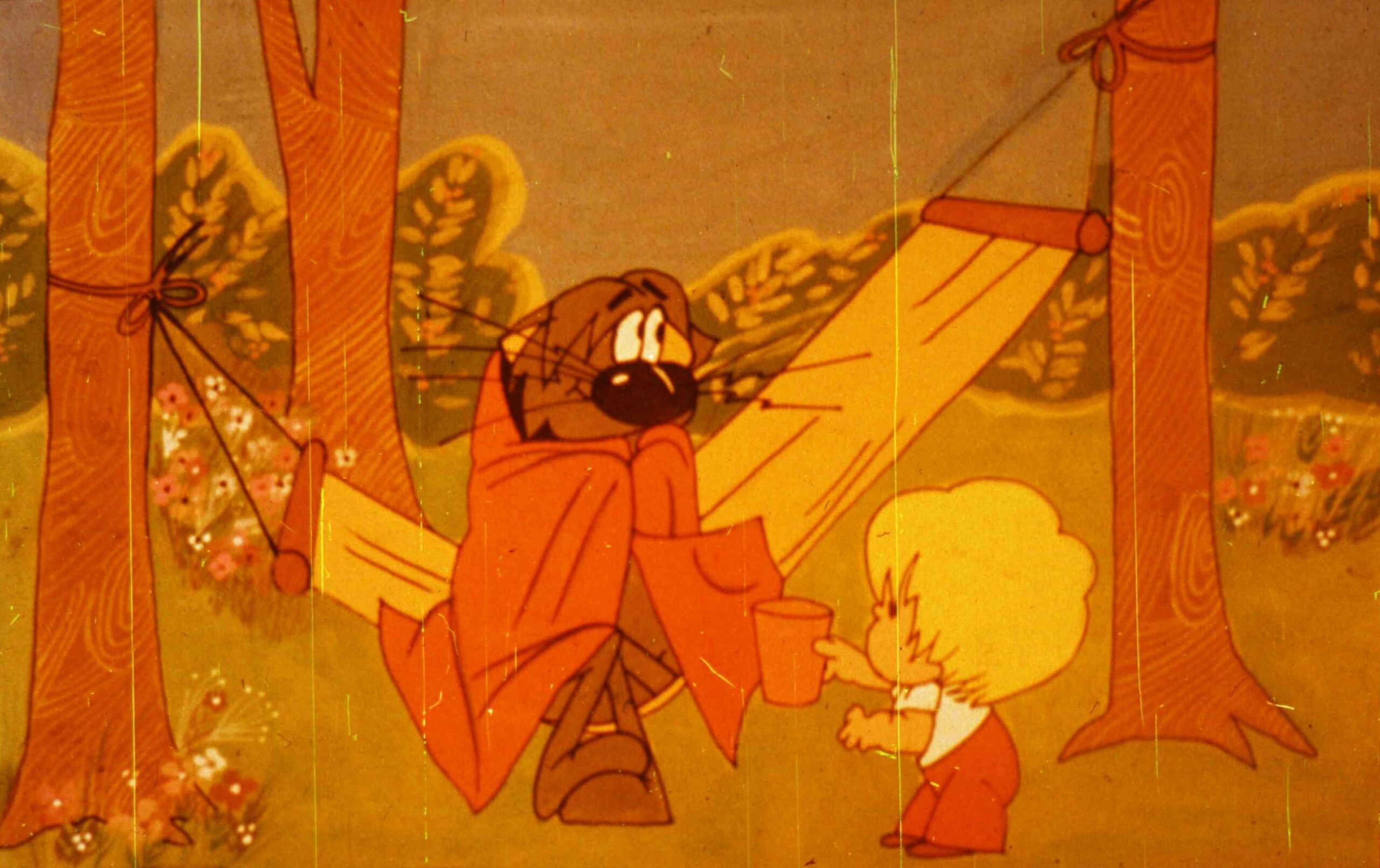 Imagine animată cu un personaj oferind un pahar cu apă unui alt personaj.