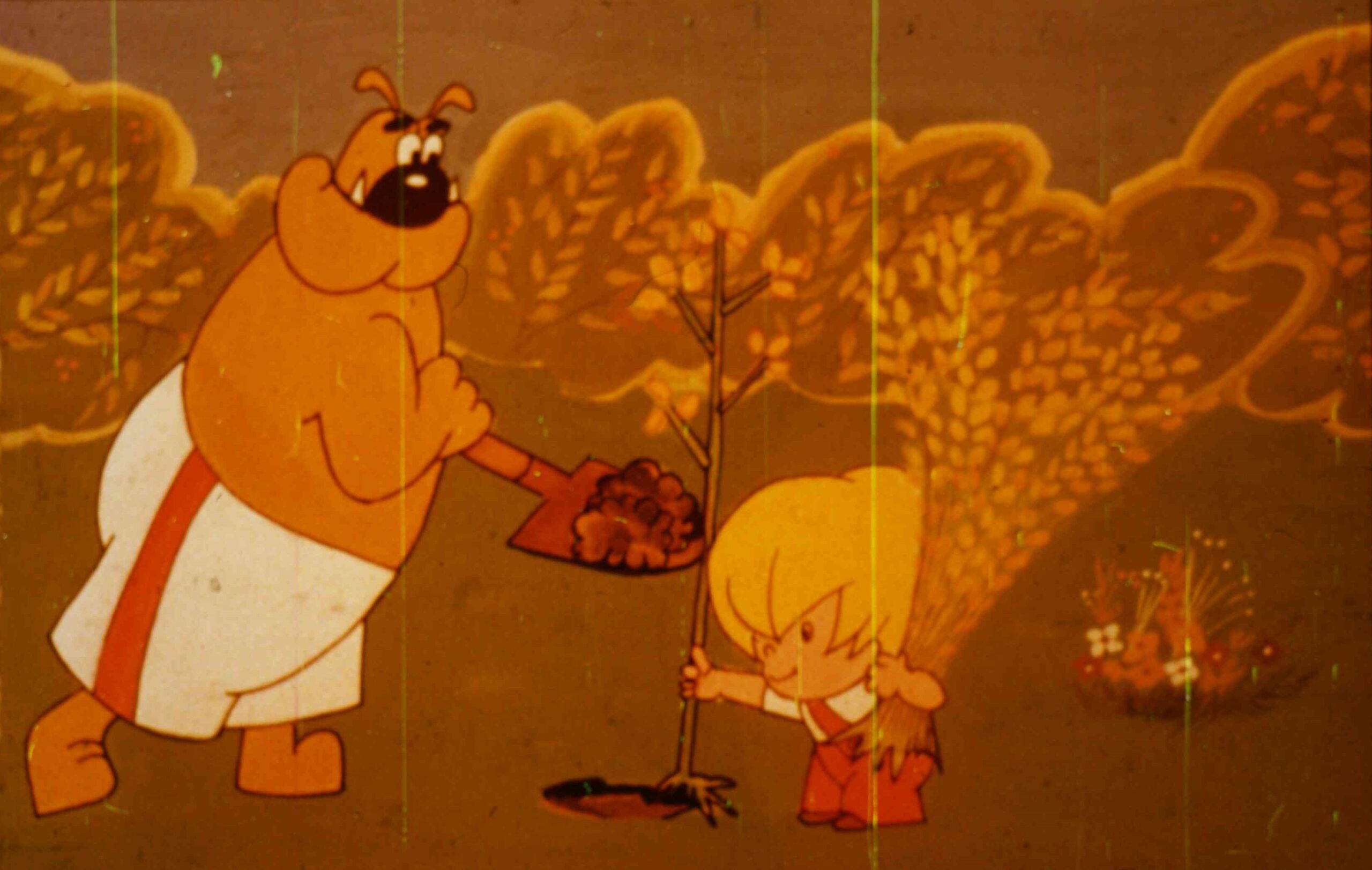 Imagine animată cu un câine și un băiat plantând un pom.