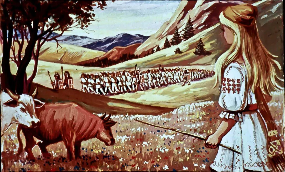 O fetiță blondă îmbrăcată în tradițional stă într-un câmp, în fața a două vaci, observând o grupare de soldați care mărșăluiesc pe un drum de țară, cu munți în fundal.