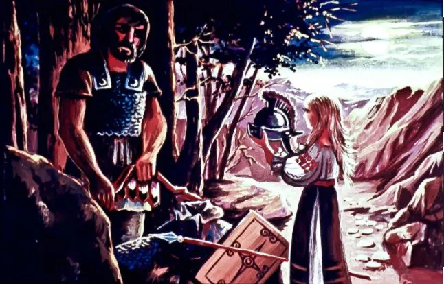 Imagine a scene depicting a warrior and a woman in a natural landscape, with the warrior holding weapons and the woman interacting with a helmet.