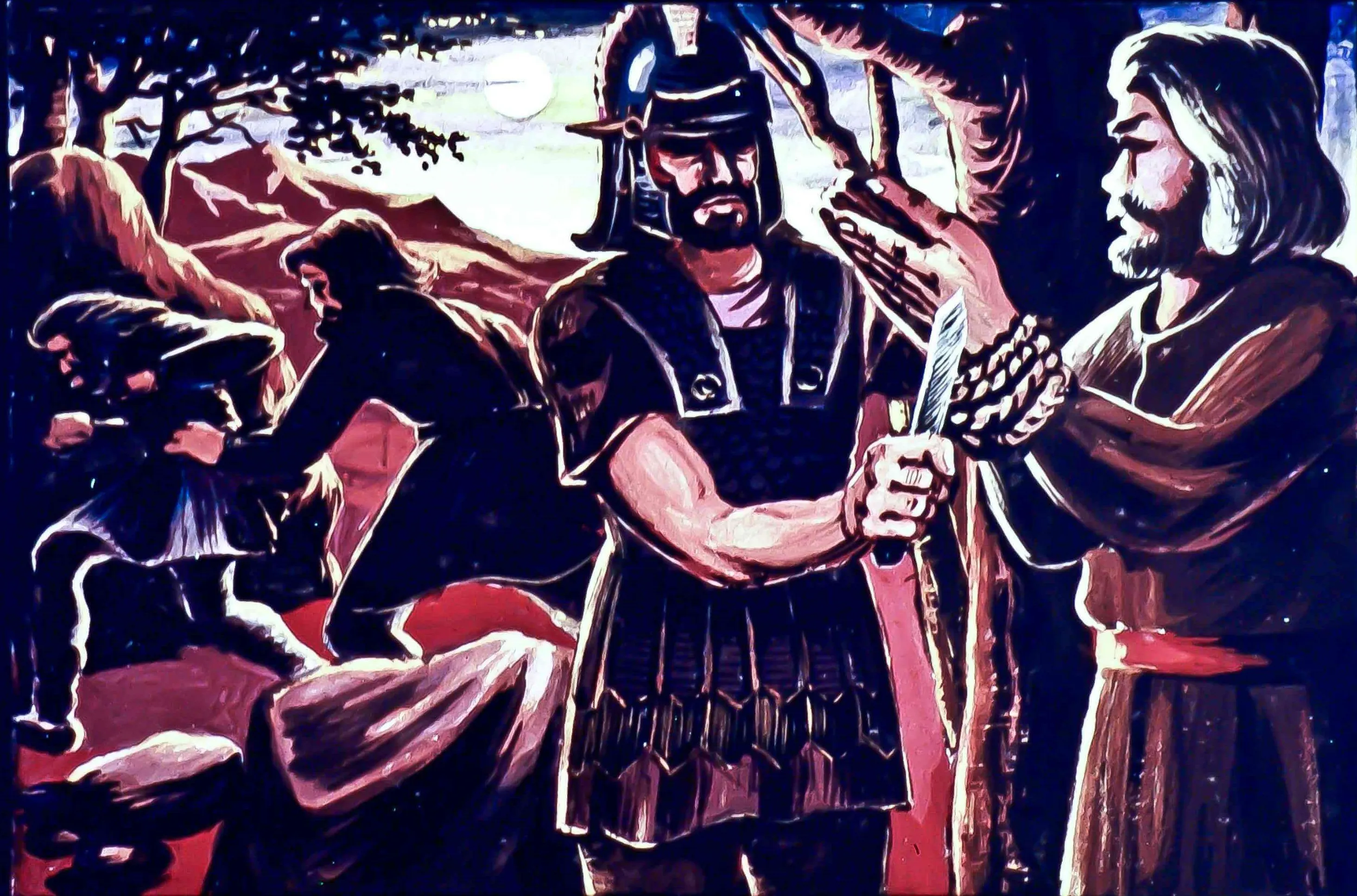 Imagine artistică ce ilustrează o scenă dramatică cu figuri îmbrăcate în costume istorice, inclusiv un soldat și un bărbat cu o sabie, înconjurați de un peisaj montan la apus.