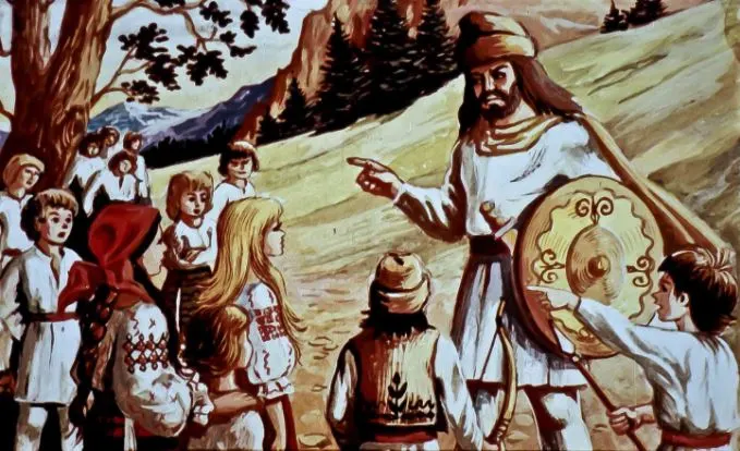 O scenă picturală care ilustrează un lider vorbind unui grup de copii în costume tradiționale, pe un fond montan.