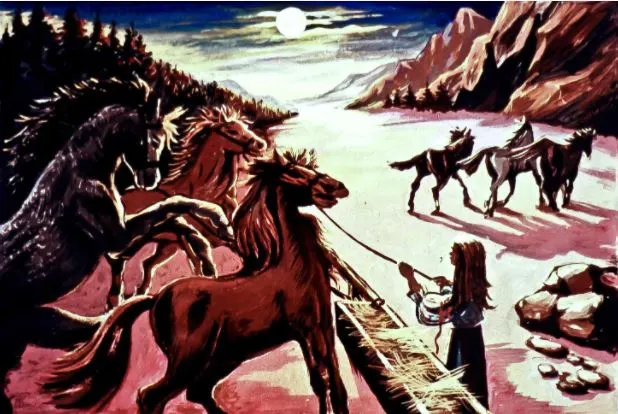 O scenă artistică în care apar mai multe cai și o persoană aflată lângă o apă, cu o lună strălucitoare pe cer.