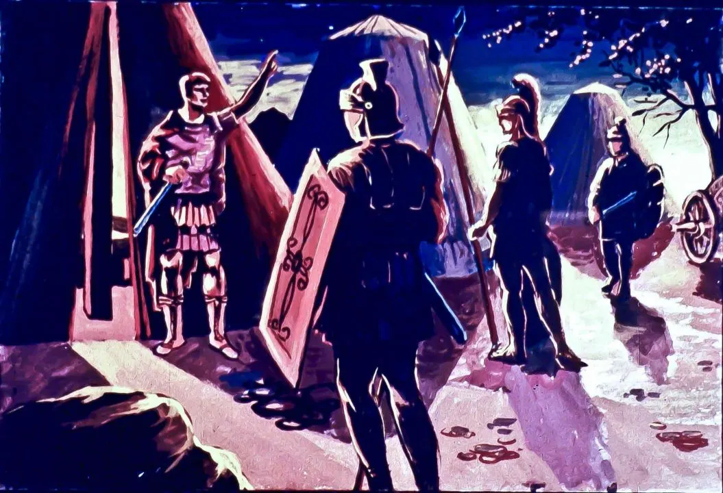 O ilustrație care prezintă un grup de războinici dintr-o perioadă istorică, stând în fața unor corturi, cu detalii ce sugerează o interacțiune sau o întâlnire.