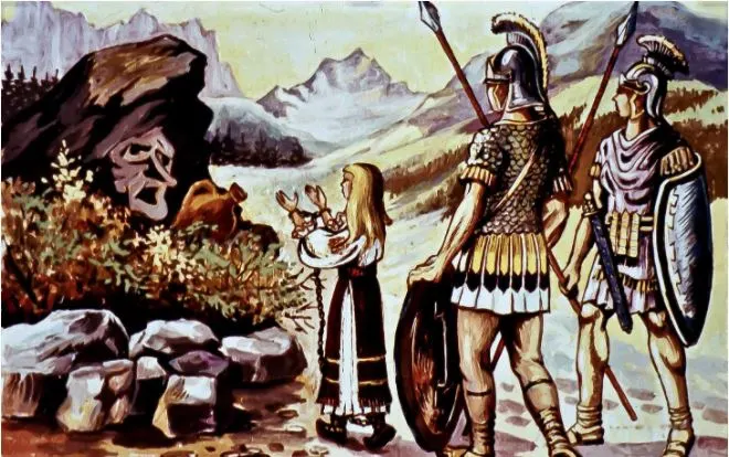 O scenă ilustrată cu războinici romani și o tânără femeie în fața unei stânci cu un desen în relief, situată într-un peisaj montan.