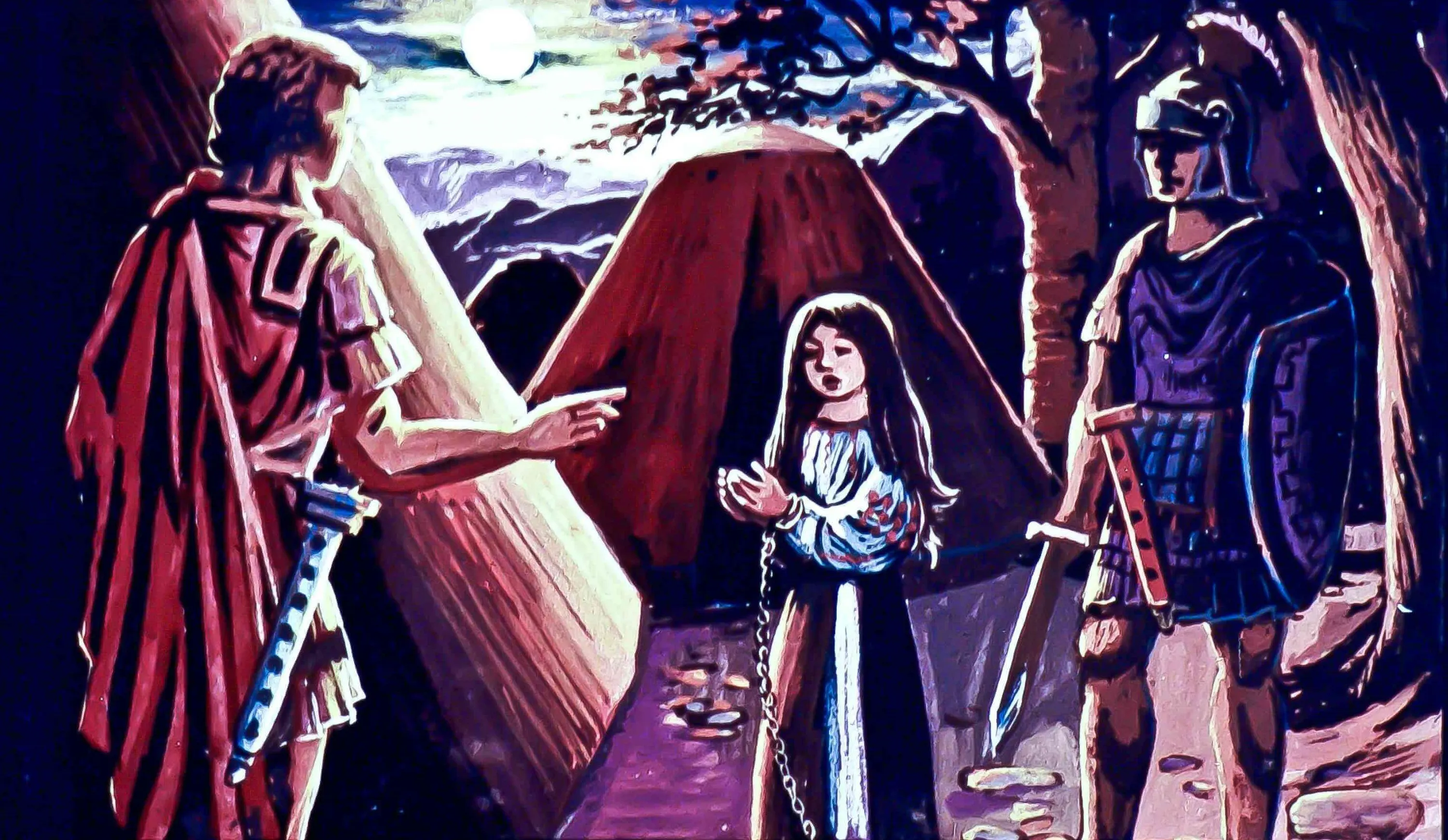 O scenă animată cu trei personaje: un bărbat îmbrăcat în stil roman, o fetiță cu părul lung și doi bărbați în echipament militar, toți interacționând într-un peisaj de noapte sub lună.