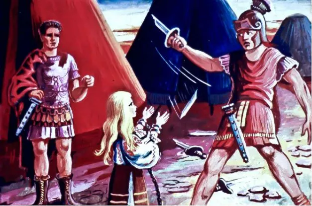 Ilustrație reprezentând soldați romani în confruntare, cu o scenă dramatică și culori vii.