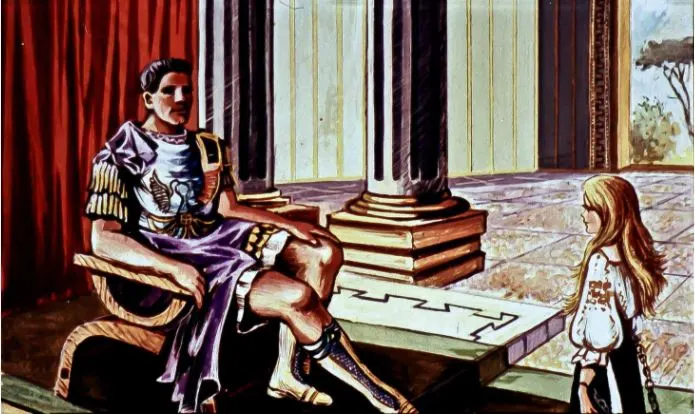 O scenă pictată în care un bărbat îmbrăcat în robe romane stă pe un tron, în timp ce o fetiță se uită la el.