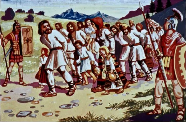 O ilustrație care arată un grup de oameni îmbrăcați în costume tradiționale, însoțiți de un soldat roman, pe un peisaj de țară cu munți în fundal.