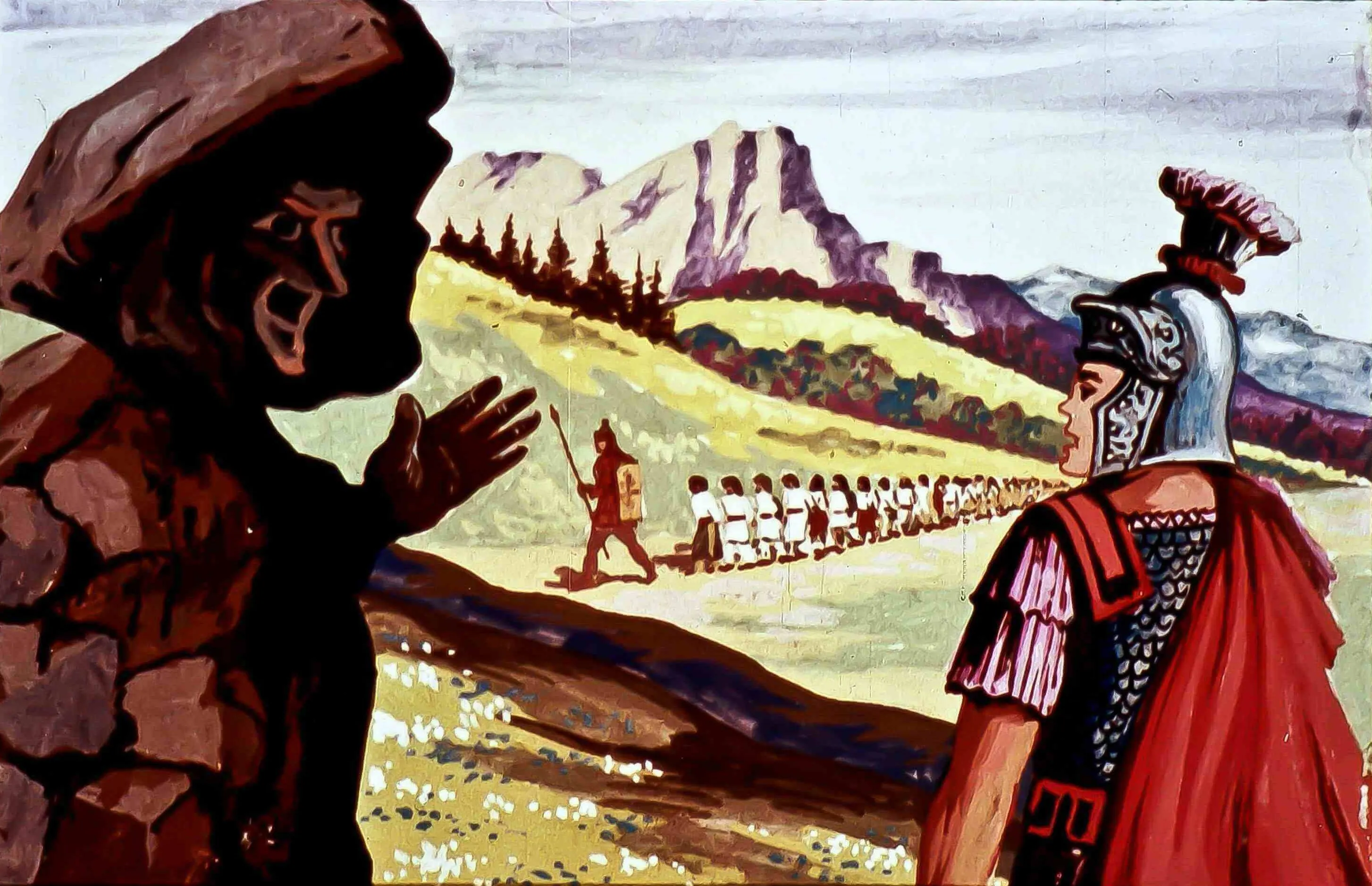 Imaginea ilustrează o scenă istorică cu un soldat roman și o statuie, pe fundalul unui peisaj montan, prezentând o procesiune de soldați.