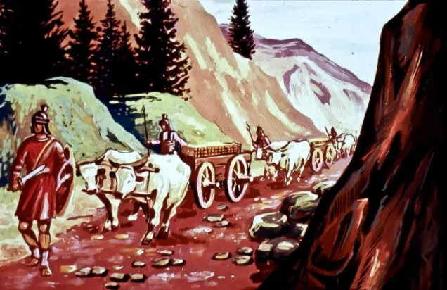 Ilustrație cu soldați romani călăreți și care trase cu bovine pe un drum montan.
