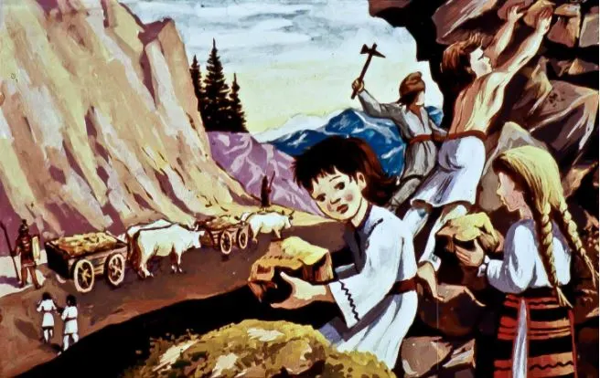 Ilustrație de lucru agricol cu copii și adulți care transportă blocuri de piatră pe un teren montan.