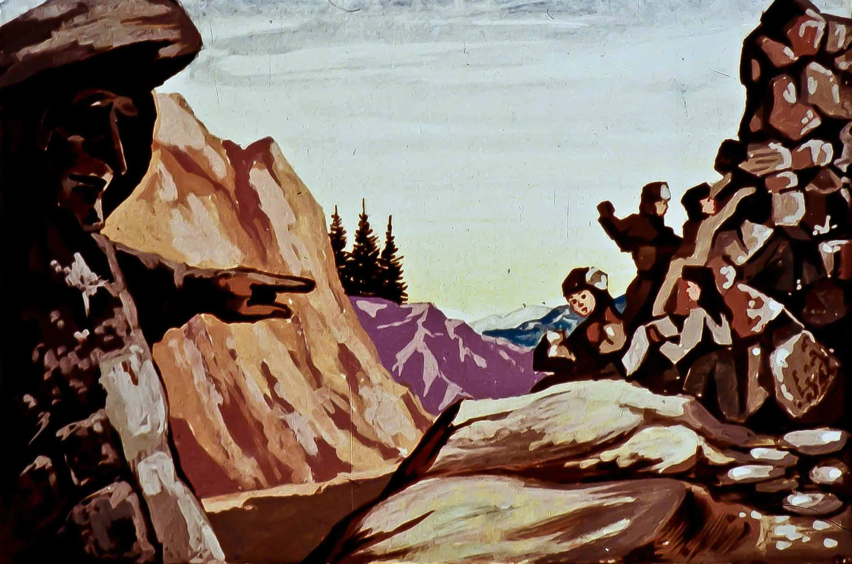 O pictură artistică care ilustrează un personaj îndreptându-se spre un peisaj montan, înconjurat de oameni care observă. Detalii despre formă și culoare evidențiază caracteristicile naturale ale mediului.