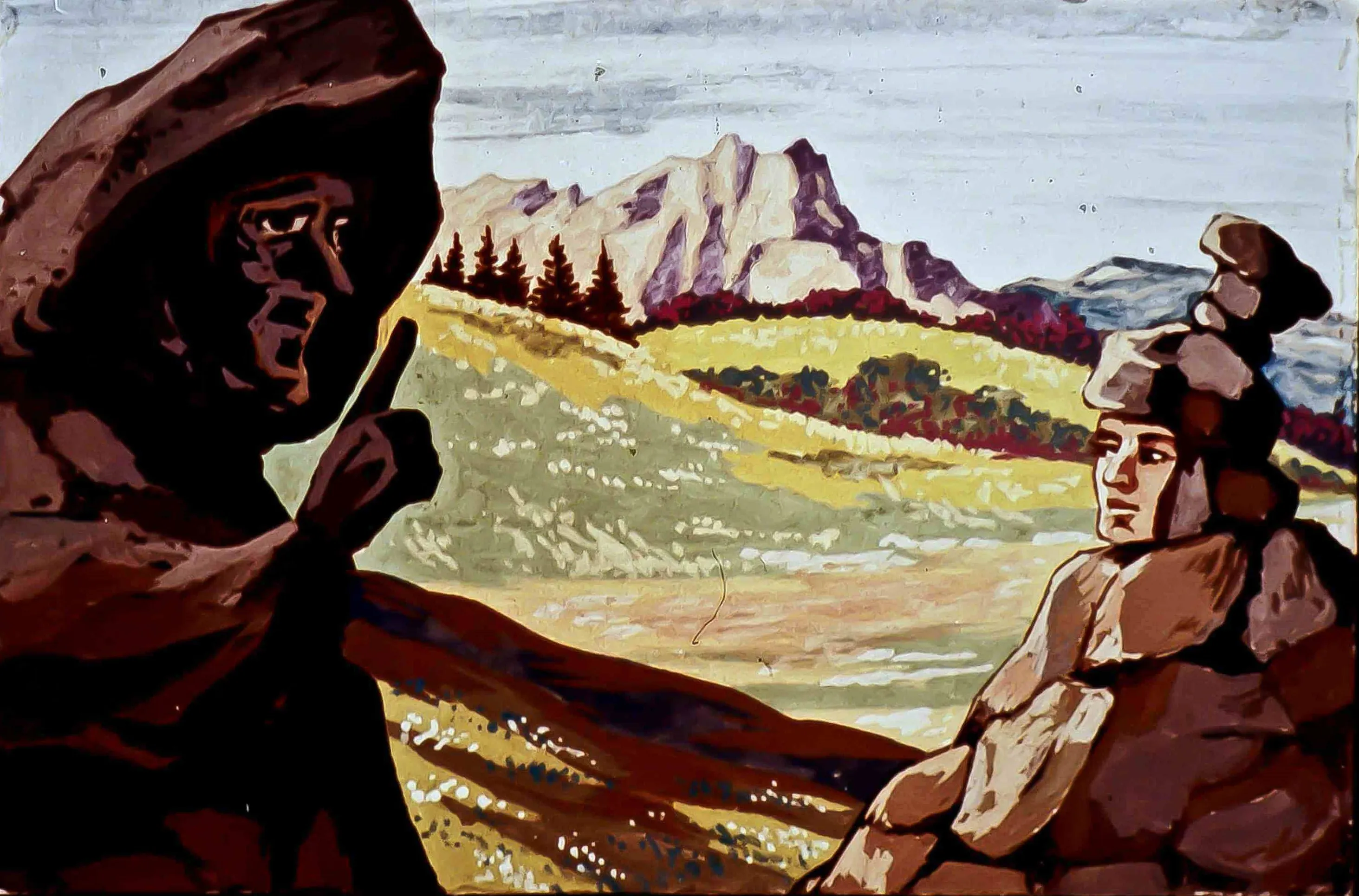 Imagine artistică care prezintă o peisaj cu stânci și munți, evidențiind două figuri umane stilizate, una dintre ele gesticulând.