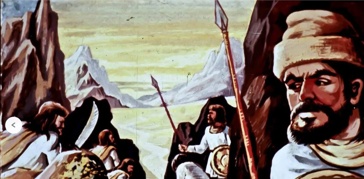 O scenă pictată manual care ilustrează figuri umane în costume populare, situate într-un peisaj montan.