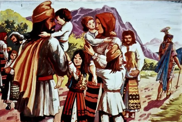 Ilustrație care prezintă o scenă de familie în aer liber, cu personaje îmbrăcate în costume tradiționale, într-un peisaj montan.