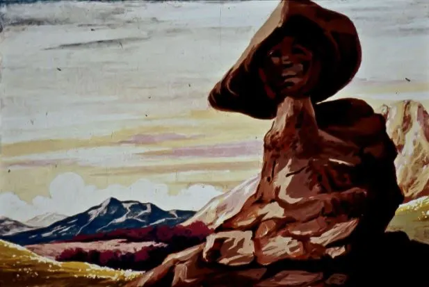 O pictură vibrantă a unei formațiuni stâncoase cu un cap de om și o pălărie, în fața unui peisaj montan sub un cer cu nori.