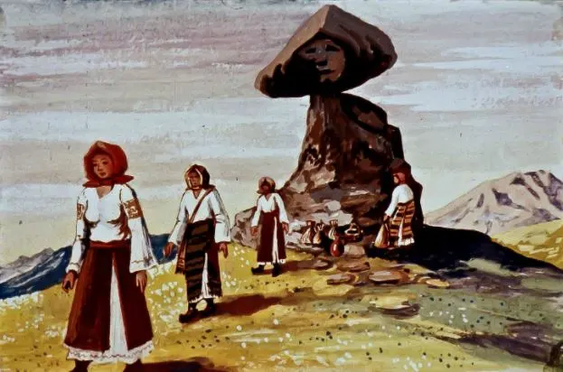 O pictură care prezintă mai multe personaje purtând haine tradiționale, aflându-se pe un peisaj natural cu o stâncă mare în formă umană în fundal.