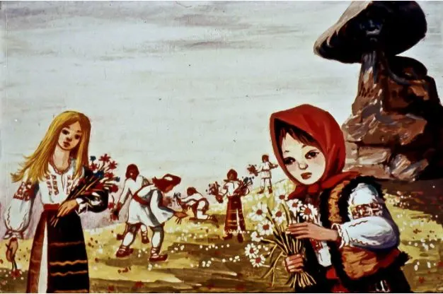 Ilustrație cu fete îmbrăcate în costume populare, una dintre ele ținând flori, în timp ce altele lucrează pe câmp.