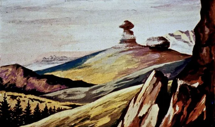 Peisaj montan cu formațiuni stâncoase și vegetație, reprezentând o scenă naturală.