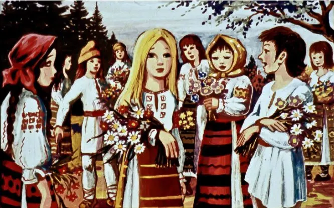 O ilustrație colorată cu un grup de tineri îmbrăcați în costume populare, ținând flori, într-un peisaj natural.
