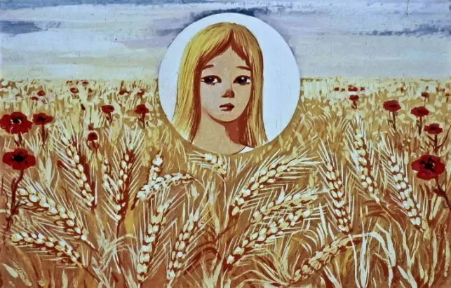 Ilustrație reprezentând o fată cu părul lung într-un câmp de grâu, înconjurată de flori roșii.