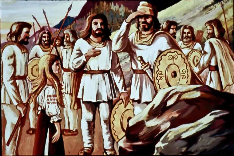 Pictură reprezentând un grup de oameni în costume tradiționale, unii cu scuturi și sulițe, interacționând într-un peisaj montan.