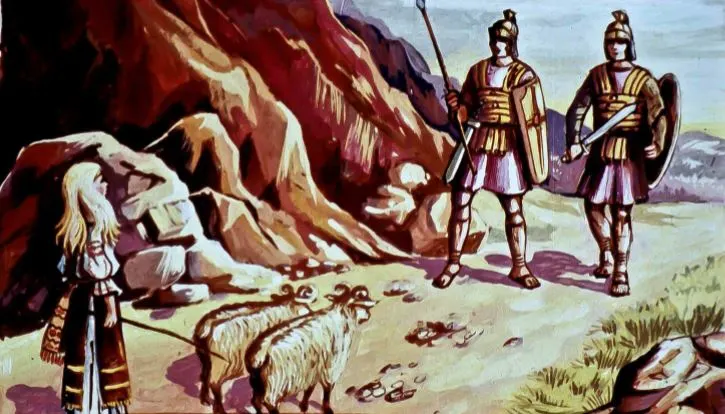 Imagine reprezentând o scenă cu o tânără femeie și doi soldați romani în armură, stând lângă un grup de oi pe un fundal stâncos.