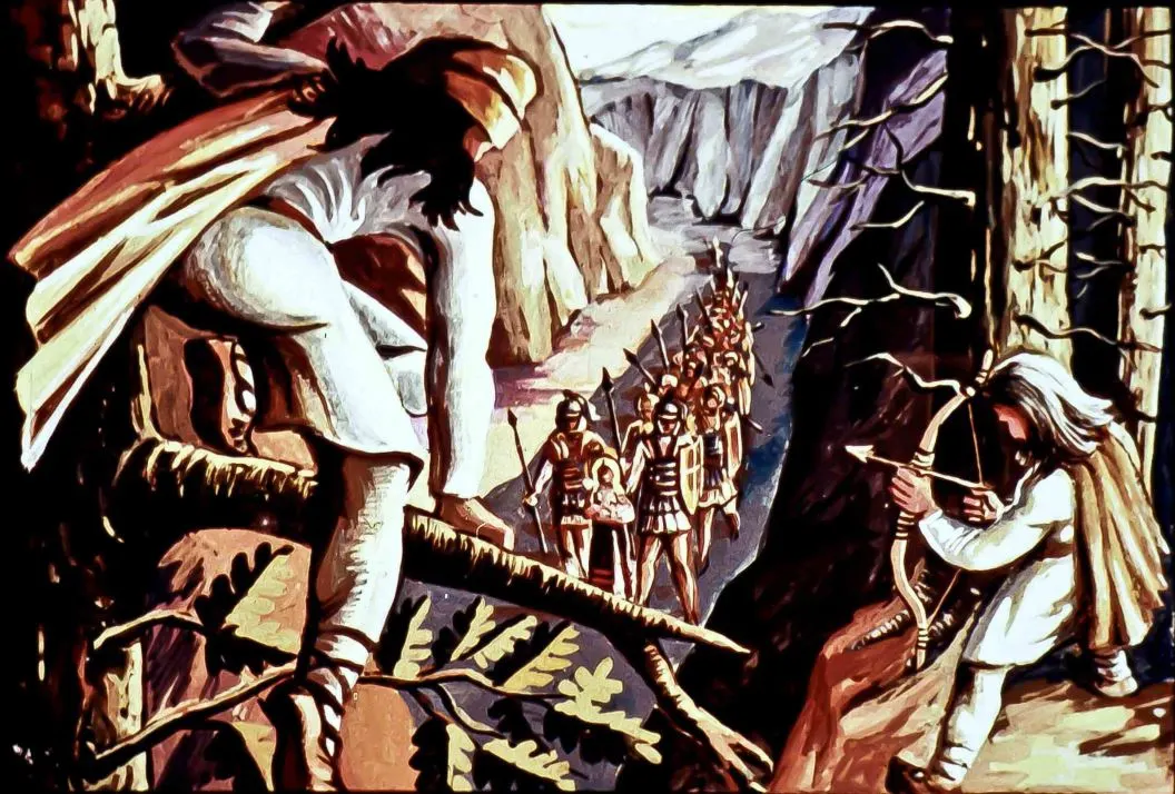 O ilustrație care arată un grup de oameni îmbrăcați în costume tradiționale, traversând un teren montan, cu un individ care se încărcă pe un copac și altul care folosește un arc.