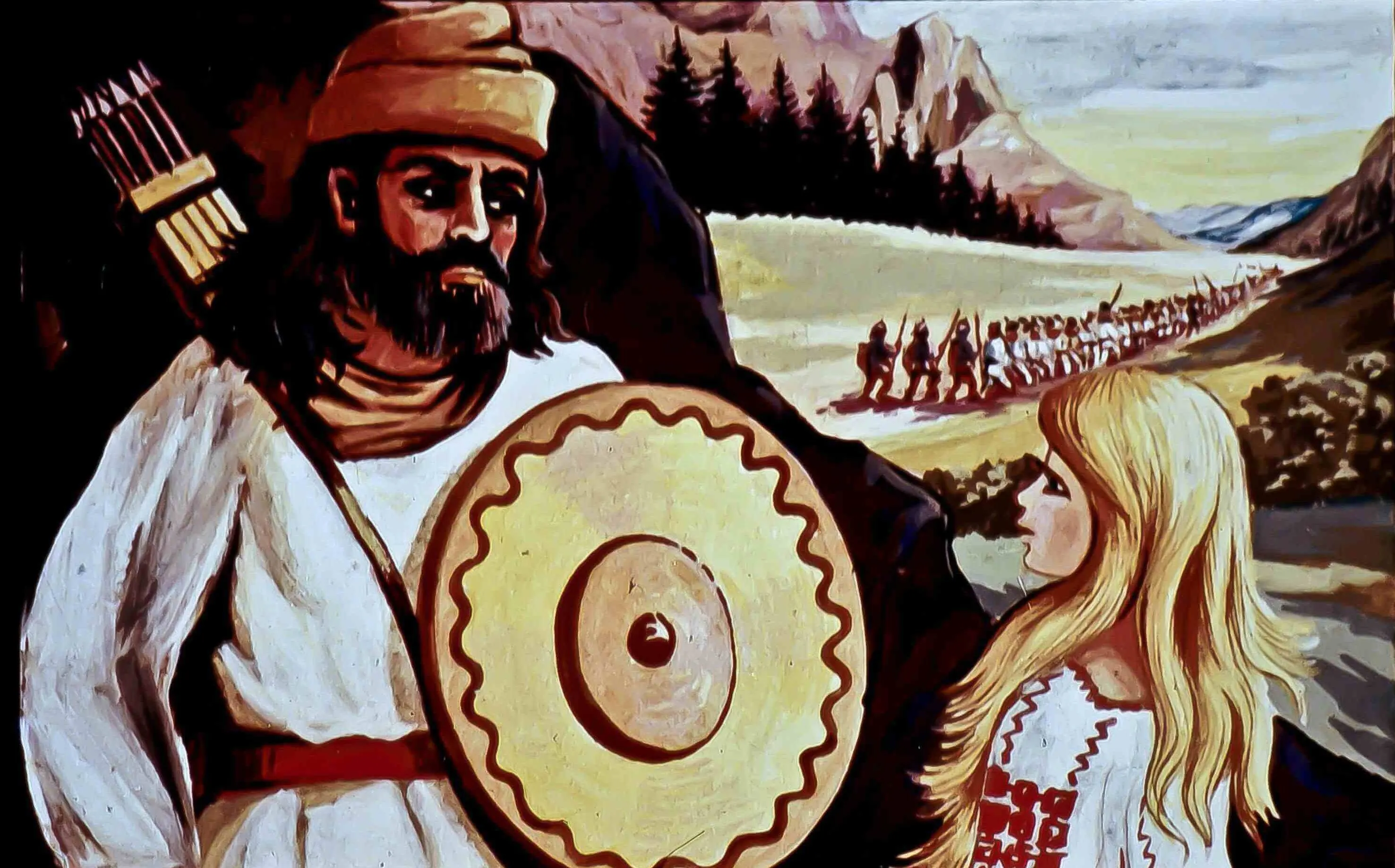 O pictură care ilustrează un bărbat cu barbă și o astfel de armură, deținând un scut, vorbind cu o tânără blondă îmbrăcată în costume tradiționale, pe un fundal cu peisaje montane și oameni care se deplasează în grup.