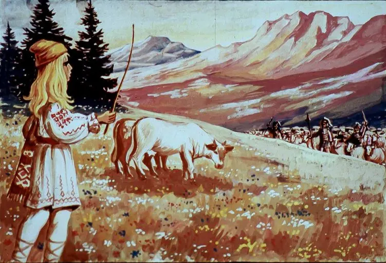 Imagine care prezintă un peisaj cu un copil păstor care se ocupă de vaci, cu munți și păduri în fundal.