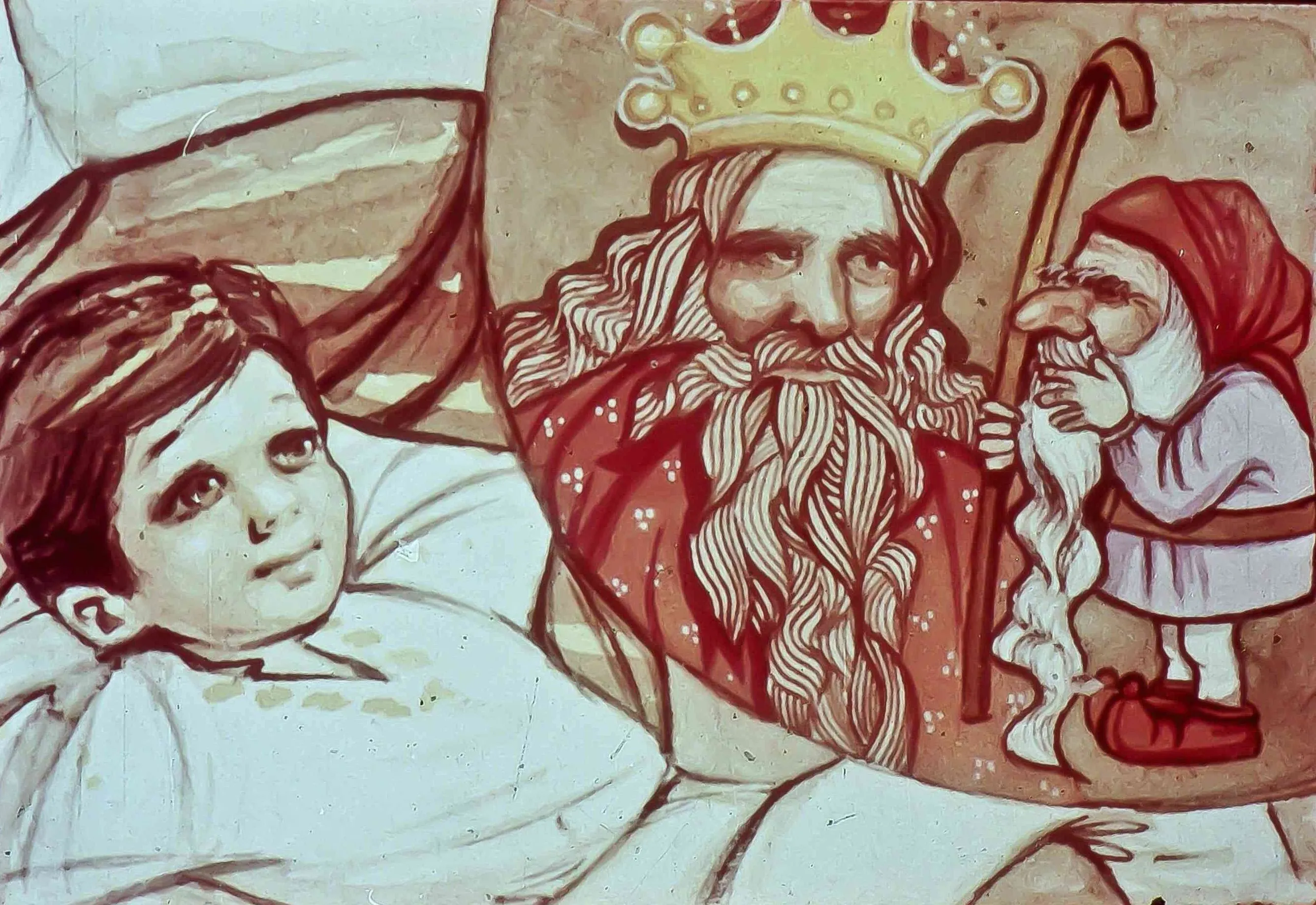 O imagine cu un copil zâmbitor lângă un bătrân cu barbă lungă purtând o coroană, având un gnom alături.