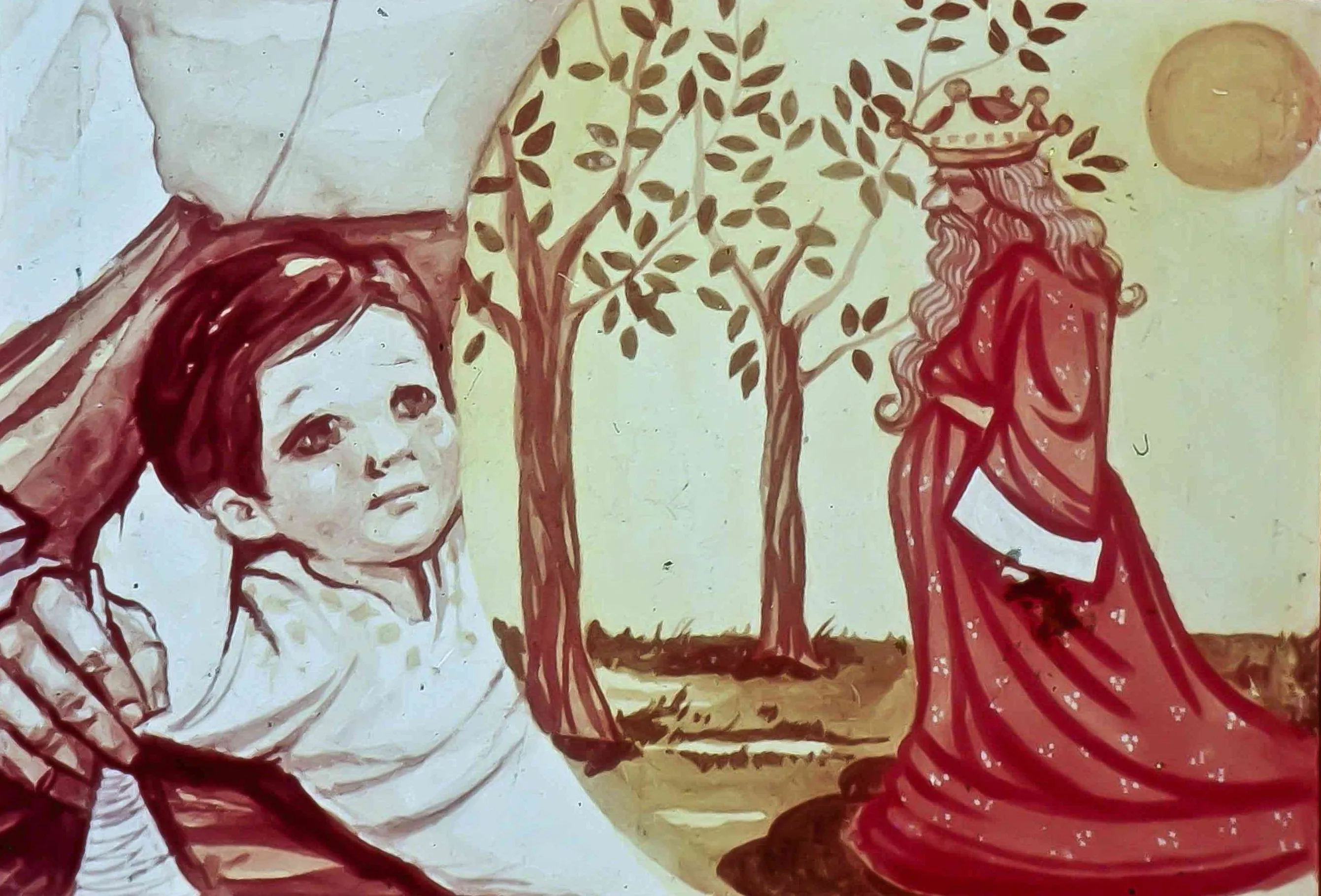 Ilustrație cu un copil și o figura regală într-un peisaj cu arbori și soare.