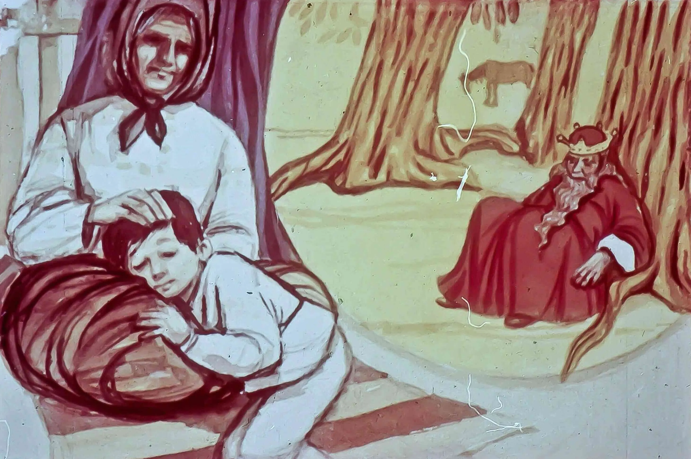 O ilustrație artistică care prezintă o femeie cu o eșarfă, un băiat care se odihnește pe brațele ei și un bărbat înveșmântat într-o tobă roșie așezat pe o piatră, cu copaci în fundal.