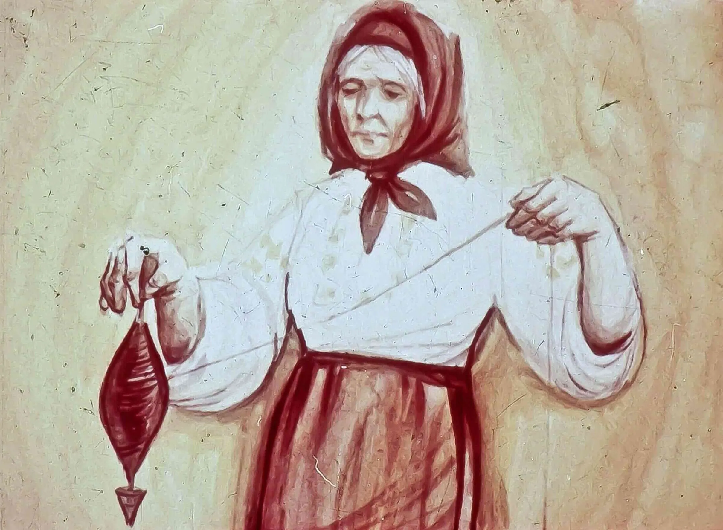 O femeie in varsta, imbracata in haine traditionale, care tese cu un fus, pe un fundal deschis.