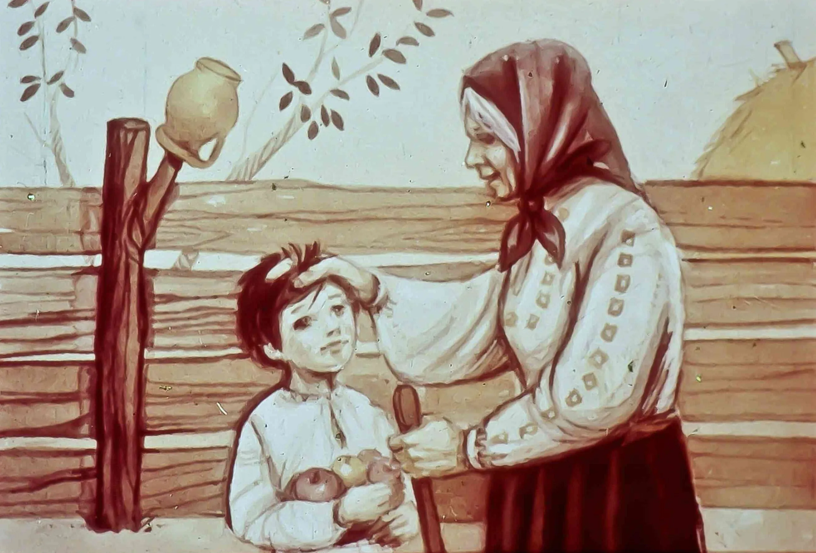 O femeie in varsta stands langa un baiat, oferindu-i fructe, intr-un peisaj rural cu gard si copaci.