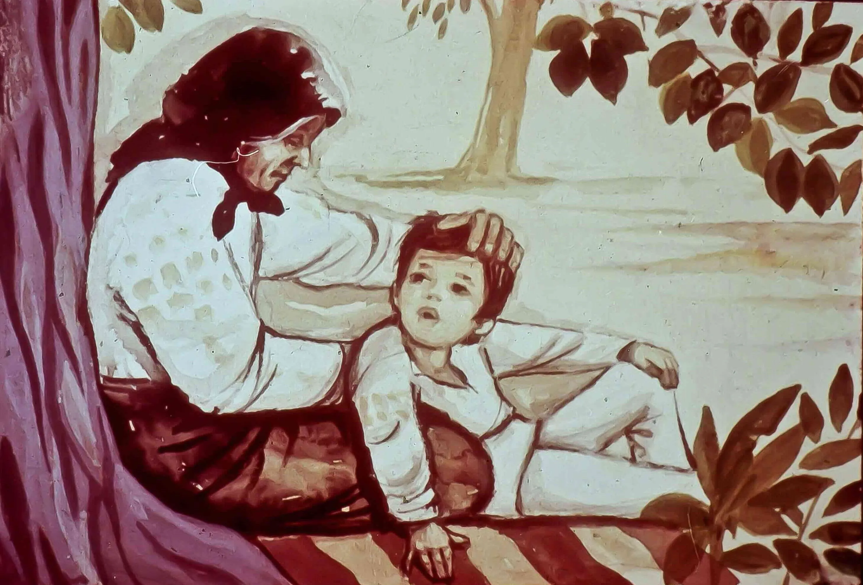 O gravură artistică care ilustrează o femeie și un băiat așezați pe jos, lângă un copac, cu frunze în fundal.