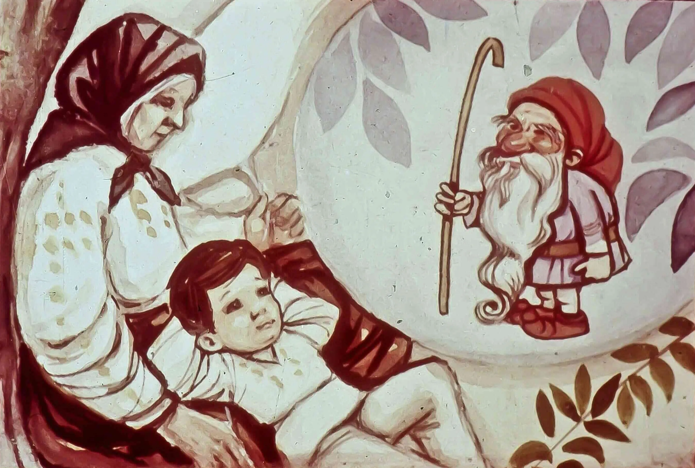 O ilustrație cu o bunică care ține un copil în brațe, iar în fundal apare un pitic cu o bâtă.