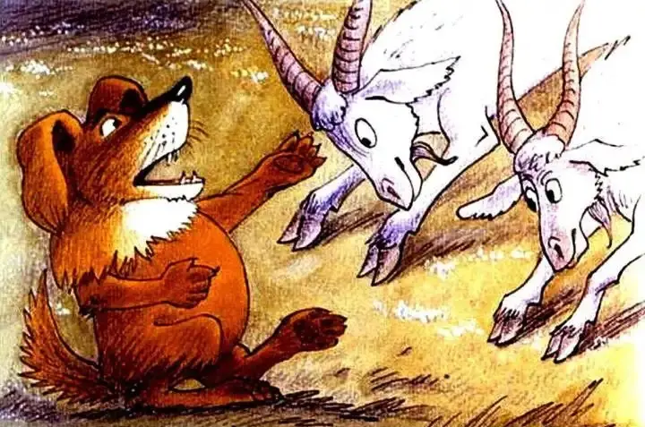 Ilustratie cu un lup si o oaie intr-o padure, lupul avand oaia pe spate, iar in fundal zbor de pasari.