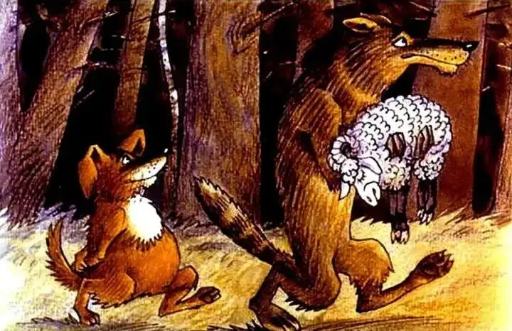 Ilustratie cu un lup slab si un caine ingrasat, cu un fundal de padure, insotita de text despre vanatoare.