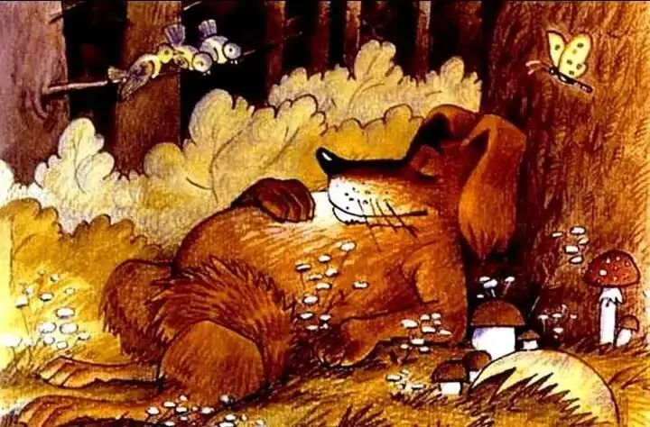 Ilustrație cu un câine care doarme în pădure, cu text explicativ despre obiceiurile sale de somn.