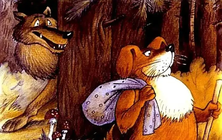 Ilustrație animată cu un lup și un câine în pădure, reflectând un dialog despre vânătoare și împărțirea hranei.