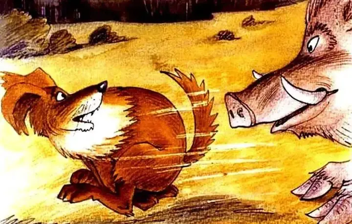 Ilustrație cu un câine care se confruntă cu un mistreț în pădure.