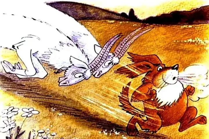 Ilustrație animată cu un câine fugind de un lup, însoțit de capre, cu un text explicativ despre dificultatea câinelui de a fugi.