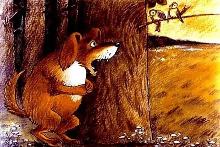 Cainele observa doua pasarele pe o creanga de copac in timpul unei povestiri ilustrate.