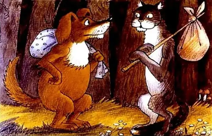 Ilustrație cu un câine și un motan care discută în pădure.