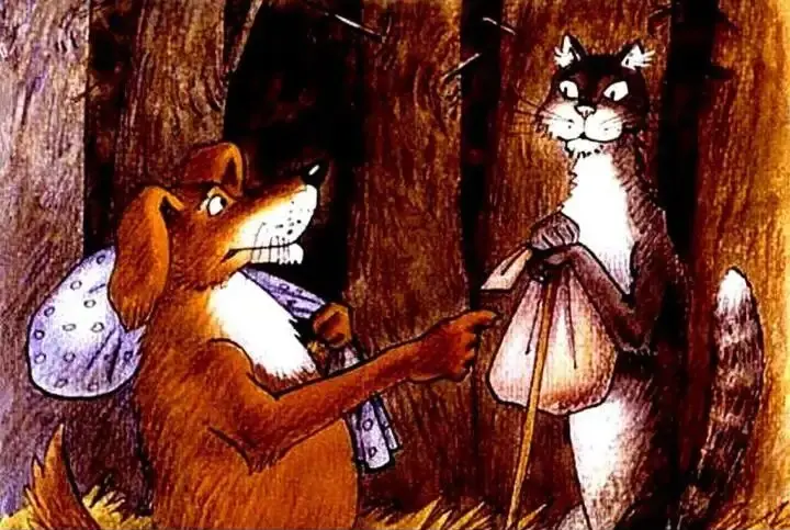 Ilustrație cu un câine care povestește o întâmplare unui alt animal în pădure.