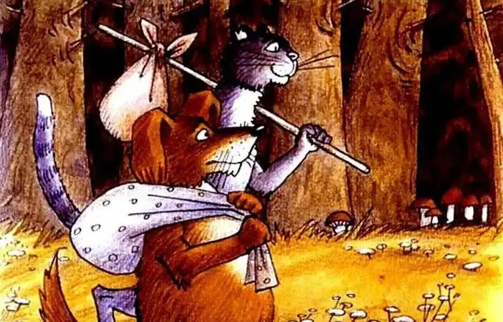 Ilustrație animată cu un câine și o pisică în pădure, câinele poartă un rucsac și se află în dialog cu pisica despre vânătoare.