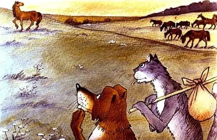 Ilustrare a doi câini și a unui motan discutând despre vânătoare în apropierea unei herghelii de cai.