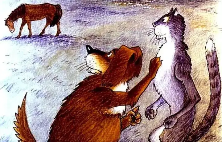 Ilustratie animata care prezinta un caine si un motan discutand despre un cal, intr-un peisaj natural.